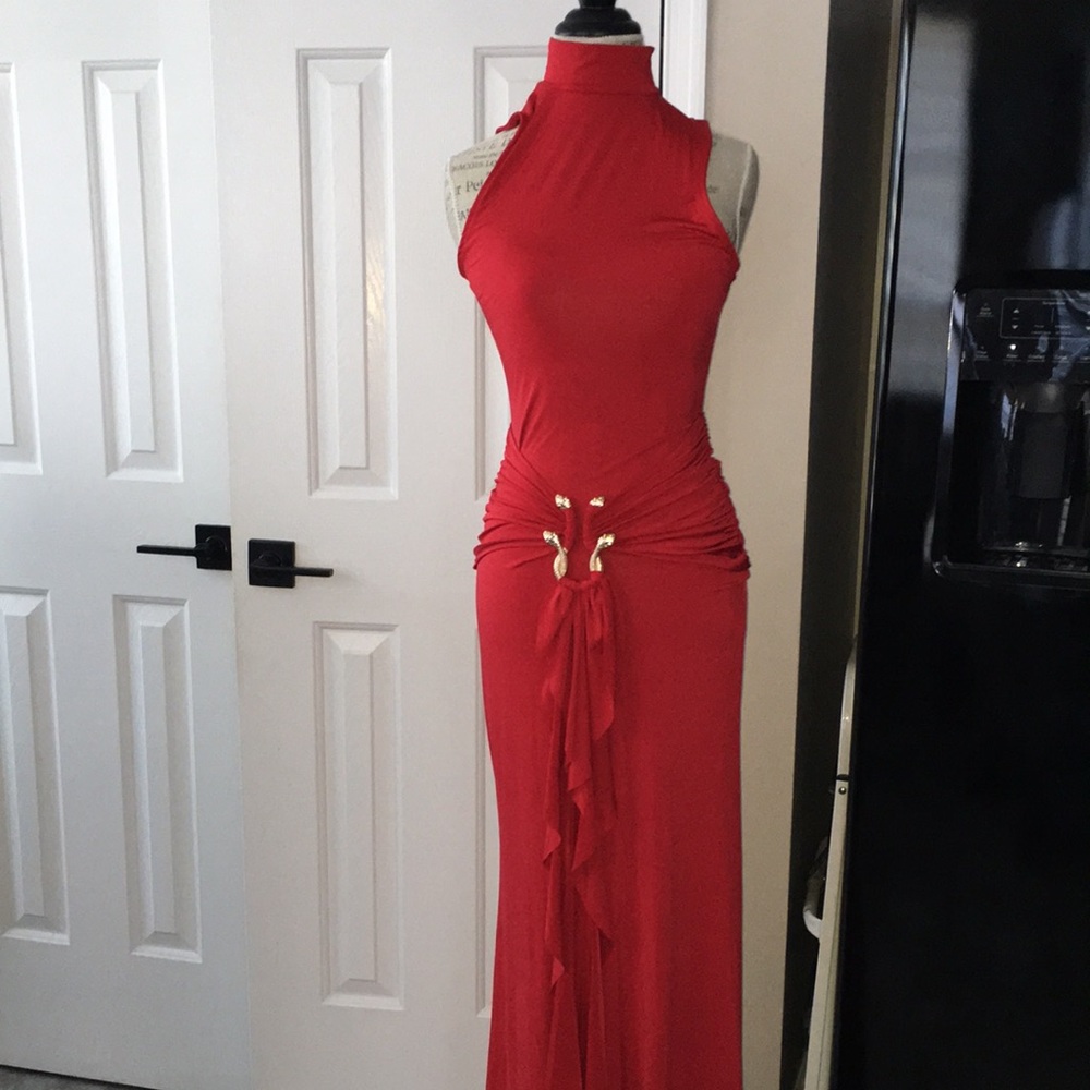 Fashion Nova nwot red stretch mock neck snake accent Ruched Maxi Dress large